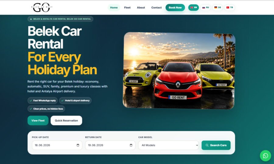 Belek Go Car Rental masaüstü web sitesi tasarımı